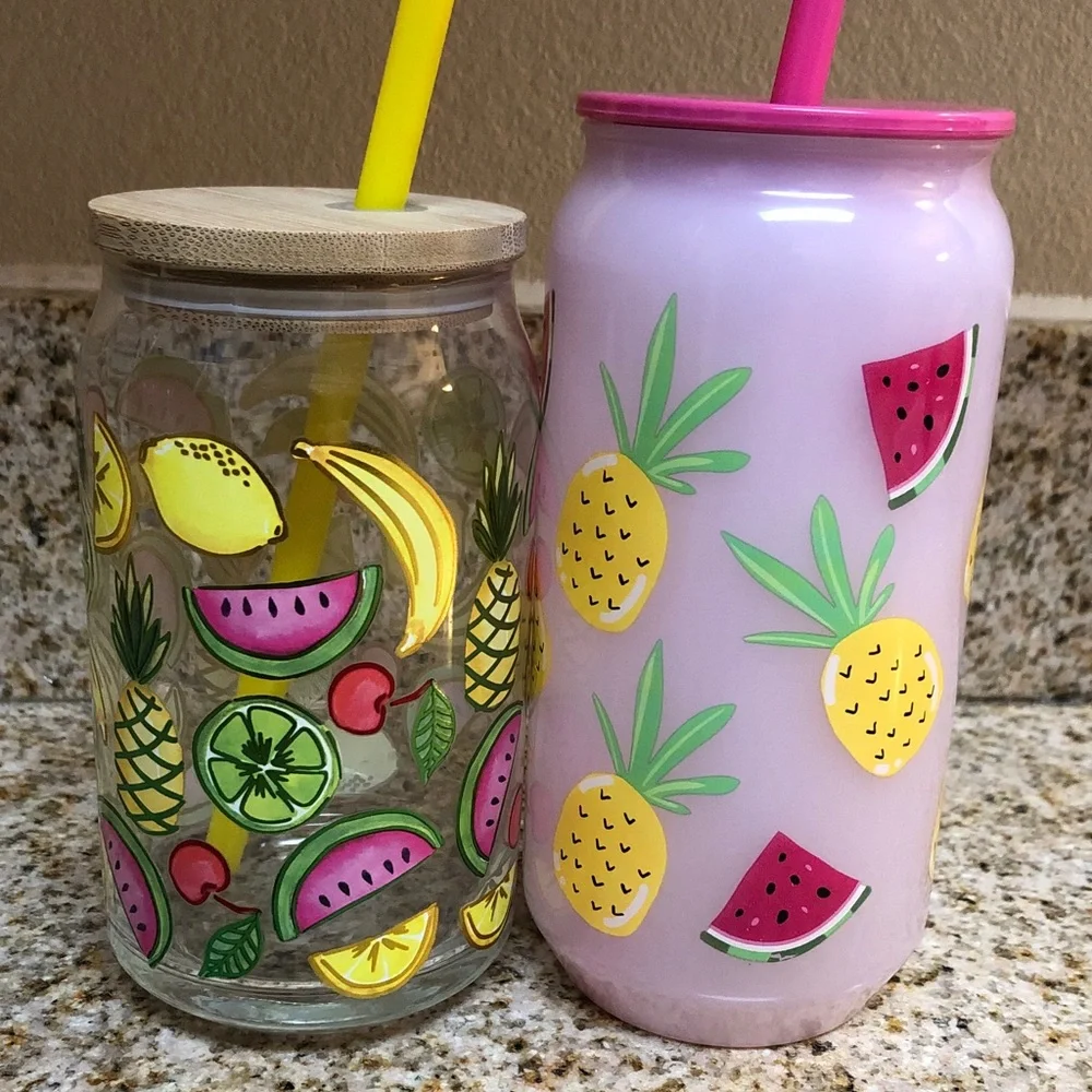 Fruit Print Mason Style Tumblers with Straws - Yellow & Pink
